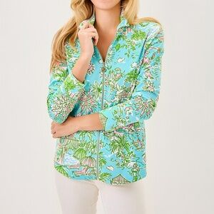 NWT Lilly Pulitzer Leona Zip Up Fresh Water Blue Sunbather's Bliss Women's XL